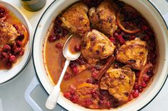 two bowls filled with meat and cranberry sauce