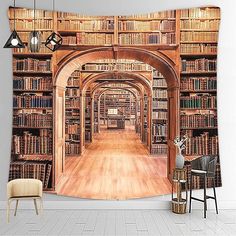 an image of a library with bookshelves and chairs