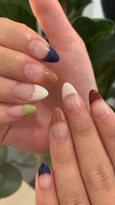 Diffent Colour Nails, Creative Neutral Nails, Funky Nail Ideas Acrylic, Short Almond Nails Aesthetic, Multicolor French Tip Nails Almond, Unique Simple Nails, Cool Nail Inspo Almond, Gel X Nail Inspo Almond, New York Nails Aesthetic