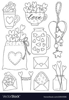 valentine's day coloring pages with hearts, flowers and other things to draw on the page