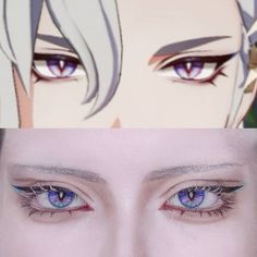 Scaramouche Makeup Tutorial, Genshin Eye Makeup, Catboy Scaramouche, Genshin Inspired Makeup, Genshin Impact Eye Makeup, Male Eye Makeup Cosplay, Cosplay Eyeliner Tutorial, Anime Eye Makeup