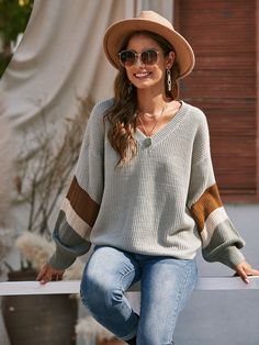 Color Block Drop Shoulder Sweater Casual Sweaters Women, Cheap Online Clothing Stores, Batwing Sleeve Sweater, Drop Shoulder Sweater, Cheap Clothes Online, Striped Vests, Women Sweaters, Drop Shoulder Sweaters, Color Block Sweater