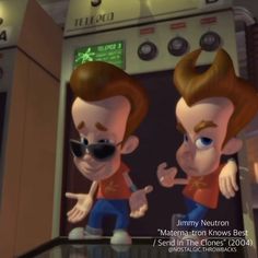 two cartoon characters are standing in front of a control panel with the words jimmy newton written on it