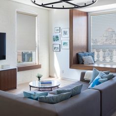 a living room filled with furniture and a flat screen tv mounted to the wall above it