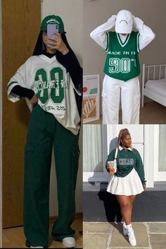 Green Outfit Ideas Aesthetic, Green Ootd Aesthetic, Sport Week Ideas, Green Edgy Outfits, Dark Green And White Outfit, Green School Outfits, How To Wear A Jersey Outfits, Green And White Outfits For Women, Green And White Outfit Ideas