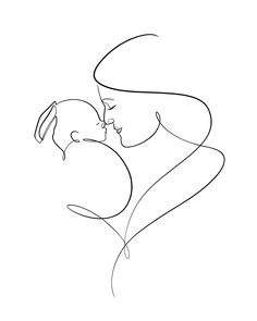 a continuous drawing of a woman holding a baby in her arms, with the word love written