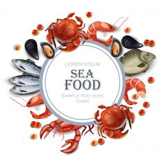 sea food with crab, shrimp and other seafood items around the circle on a white background