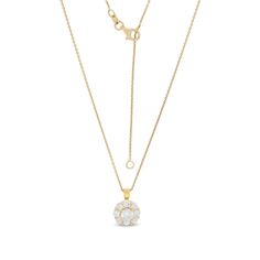 Sparkling with sweetest style, this diamond pendant pairs well with any look. Created in 14K gold, this flower-shaped choice features a 1/2 ct. certified diamond - boasting a color rank of I and clarity of I2 - shimmering in a scalloped frame of 1/10 ct. diamonds. Charming with 1-1/5 cts. t.w. of diamonds and a brilliant buffed luster, this pendant suspends along a 16.0-inch curb chain with 2.0-inch extender that secures with a lobster claw clasp. This design arrives with a certificate that incl Yellow Gold Diamond Necklace In Flower Shape, Yellow Gold Diamond Necklace With Flower Accents, Yellow Gold Flower-shaped Diamond Necklace For Anniversary, Yellow Gold Diamond Necklace In Flower Shape For Anniversary, Yellow Gold Brilliant Cut Diamond Flower Pendant Necklace, Yellow Gold Diamond Necklace With Brilliant Flower Cut, Frame Flower, Curb Chain, Flower Pendant