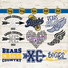 the bears cross country team is depicted on a wooden background with arrows pointing in different directions