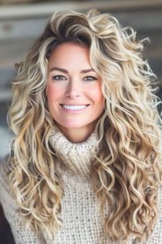 Long Layered Curls Hairstyle on smiling woman with blonde hair. Curly Long Layered Haircuts, Perm Women Long Hair, Curly Hairstyle 2024, Long Blonde Curled Hair, Permed Layered Hairstyles, Big Crimped Hair Waves, Pull Hair Back From Face, Loose Spiral Perm Long Hair, Blonde Permed Hair