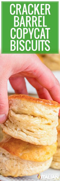 a stack of cracker barrel copycat biscuits on a white plate with text overlay that reads cracker barrel copycat biscuits