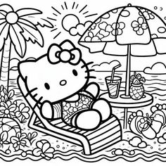 hello kitty is relaxing on the beach with her umbrella and sunbath coloring page