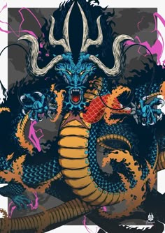 an image of a dragon with horns on it's head and claws in its mouth