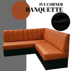 an orange and black couch with the words ivy corner banquete in front of it