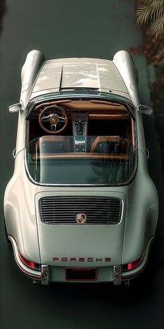 the rear view of an old car with its hood up and dashboard down, in front of a palm tree