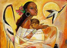 a painting of a woman holding a child in her arms with birds flying above it