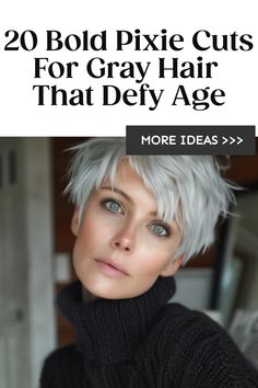 Woman with a bold gray pixie haircut showcasing a hairstyle that defies age. Short Thick Grey Hair Over 50, Short Grey Hair Under 40, Pixie Cut Fine Hair Over 50, Short Grey Hair Women, Grey Hair At 40 Short Hairstyles, Funky Short Grey Hair Pixie Haircuts, Grey Short Haircut, Grey Hair Color Short, Pixie Grey Haircut