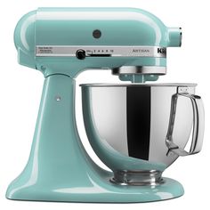 an image of a blue mixer on a white background with the words kitchen aid written below it