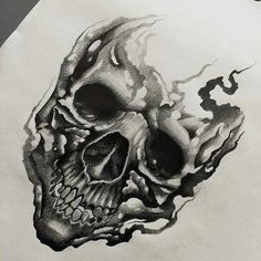 Smokey Skull Tattoo, Skull Neck Tattoo, Skulls Tattoo Design, Sketches Skull, Cool Skull Tattoos, Skull Tattoo Hand, Flaming Skull Tattoo, Hand Skull Tattoo, Skull And Bones Tattoo