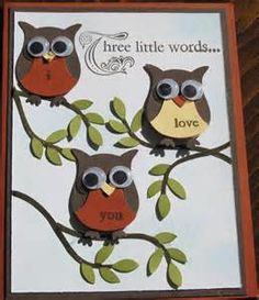 two owls sitting on top of a tree branch with the words, three little words love you