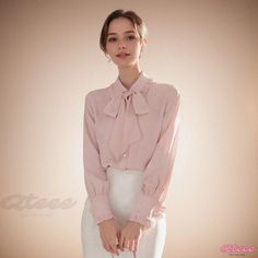 Powder Pink Chiffon Blouse with Bubble Sleeves and Turn-down Collar - Elegant Shirt Pink Chiffon Blouse, White Midi Skirt, Pink Chiffon, Bubble Sleeve, Printed Midi Skirt, Faux Leather Skirt, Elegant Shirt, Powder Pink, Chiffon Blouse