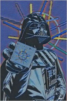 darth vader is holding up his electronic device in front of an abstract background