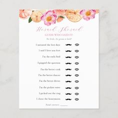 the wedding guest game is shown with pink flowers and black mustaches on white paper