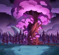 a cartoon tree with purple leaves in the night