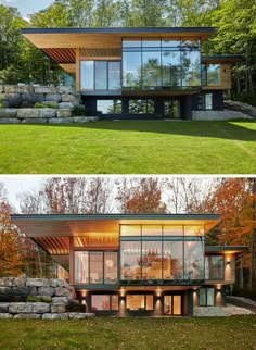 this modern house is built in the woods and has glass walls to allow natural light