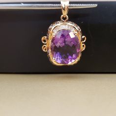 "February's Birthstone! This unique Vintage style Pendant combines Both White & Chocolate color Genuine Diamonds with a halo design around the most perfectly Purple Amethyst. This Genuine Amethyst Center Gemstone is an oval shape, measuring 8X10mm. All stones are set in 14k Rose Gold solid mounting, with a movable 14k Rose Gold bail. **Amethyst is an official February Birthstone. Please feel free to contact me anytime, if you have any questions or need any additional information. All items a Elegant Purple Gemstones With Diamond Accents, Elegant Amethyst Gemstones With Diamond Accents, Purple Amethyst Gemstones With Diamond Accents, Elegant Lavender Amethyst Gemstone, Lavender Amethyst Jewelry With Diamond Accents, Elegant Amethyst Pendant Gemstone, Formal Amethyst Pendant Gemstone, Amethyst Pendant Gemstones With Accents, Elegant Purple Pendant Gemstones