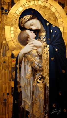 a painting of the virgin mary holding a child in her arms with gold paint on it