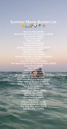 the summer music bucket list is shown in front of an ocean background with text overlay