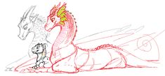 a drawing of a dragon sitting on the ground next to a person with a cat