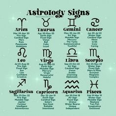 the astrological signs are shown in black and white on a green background with stars