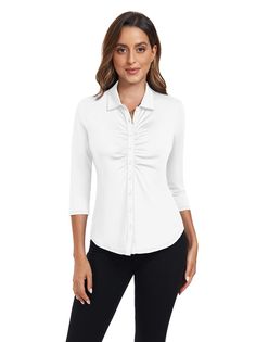 Women's 3/4 Sleeve Polo Shirt Elegant Long Sleeve Wrinkle-resistant Tops, Half Sleeve Shirt For Workwear, Half Sleeve Shirt For Work, White Stretch Tops For Business Casual, Classic Tops With 3/4 Sleeve For Office, Classic 3/4 Sleeve Tops For Office, White Wrinkle-resistant Shirt For Work, White Half Sleeve Workwear Top, White Half Sleeve Top For Work