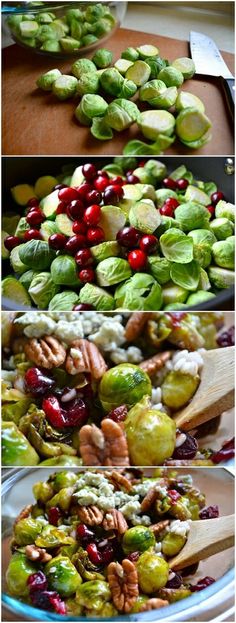 brussel sprouts and cranberries are being prepared to be eaten