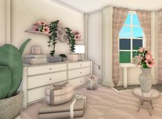 the room is decorated in pastel tones with flowers on the windowsill and furniture