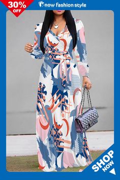 knowfashionstyle Casual Elegant Geometric Print Lace Up Belted Contrast Long Sleeve V Neck Swing Maxi Dresses White Long Sleeve Dress With Geometric Pattern, Casual Long Sleeve Maxi Dress With Abstract Print, Blue Long Sleeve Maxi Dress With Abstract Print, Spring Geometric Pattern Fitted Maxi Dress, White Geometric V-neck Dress, White V-neck Dress With Geometric Pattern, White Geometric Pattern V-neck Dress, Maxi Dress Online, Maxi Dresses Casual