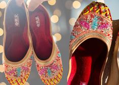 two pairs of shoes with colorful beading on them, one in red and the other in yellow