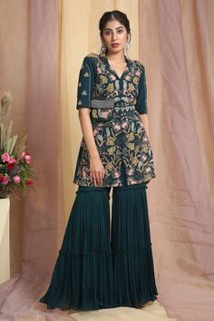 Buy Green Triple Georgette Embroidered Dori Work V Hand Kurta Gharara Set For Women by Miku Kumar Online at Aza Fashions. Sheer Dupatta, Dori Work, Embroidered Motifs, Embroidered Belt, Green Jacket, Set For Women, Aza Fashion, Jacket Style, Sleeve Type