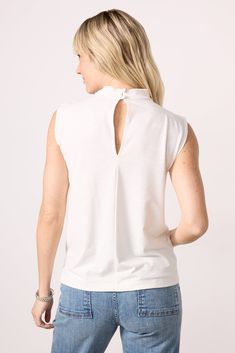 An elevated take on a wardrobe staple, this EVEREVE tank features a sleeveless silhouette with a high cowl neckline, back keyhole button closure, and pleated shoulder detail. Style from day to night with jeans, cutoffs, or wide leg pants. | EVEREVE Women's Dakota Cowl Neck Tank Top, Size XS, White Cowl Neck Tank Top, Brand Style Guide, Cowl Neckline, Fashion 101, Fall Shopping, Tee Dress, Work Fashion, Fashion Flats, Fall Trends