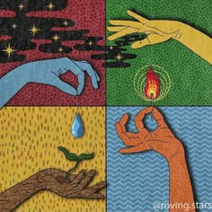 four different images with hands holding a lit candle, and one hand reaching for something