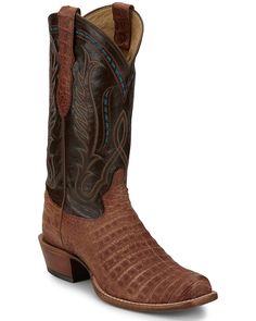 Exotic caiman vamp with leather upper Broad square toe Tony Lama, Mens Cowboy, Mens Cowboy Boots, Heel Caps, Stitching Leather, Rubber Heels, Western Boots, Cowboy Boots, Leather Upper