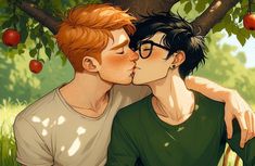 two young men are kissing under an apple tree