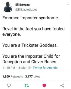 the tweet is being posted to someone on their twitter account, which reads embrace imposter syndrome revel in the fact you have folded everyone