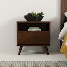 a nightstand with a plant and books on it next to a bed in a bedroom