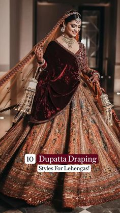 Lehenga Dupatta Draping Styles  Dupattas are undeniably an inevitable part of a bride's D-day look! While some brides pair their wedding lehenga with single dupatta, others do not mind some extra drapes. Double dupatta surely does look regal but just make sure it is comparatively less heavy than the main dupatta. Here are some of the best draping styles you can consider for the most auspicious day of your life for fabulous fuss free dupattas!  1)Carry It From Behind:  This is a lovely style for the wedding day, and very modern if you just want to take one dupatta and show off that stunning blouse and your waist. Just pin it on top of the head and bring it forward on the arms and chest   • Pc: gautamkhullarphotography   2)A Criss-Cross Style Drape  New trend alert! This criss cross belte Dupatta Draping Styles, Dupatta Draping, Draping Styles, Lehenga Dupatta