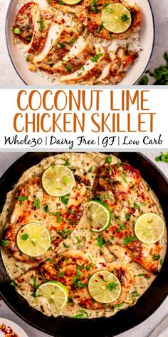 two pictures with the words coconut lime chicken skillet