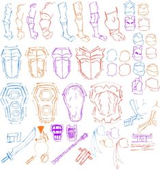 a bunch of different shapes and sizes of items drawn by hand with colored pencils