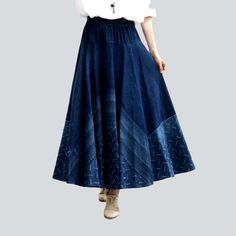 Style your look with the 2023 Spring-Summer Collection's ultimate boho-inspired stitched flared denim skirt! Featuring a long. high-waist silhouette with a rubber closure. this unique piece oozes a timeless charm that will make you stand out in any crowd.Why You'll Love It Bohemian Vibes: Timeless and effortlessly stylish. the embroidered accents and flared design make this skirt a must-have for any fashionista. High-Waist Silhouette: Flattering and comfortable. the high-waist design is perfect Denim Skirts Online, Flared Denim Skirt, Womens Denim Skirts, Skirt Images, Flared Denim, Boho Denim, Bohemian Vibes, Long Denim Skirt, Style Upgrade